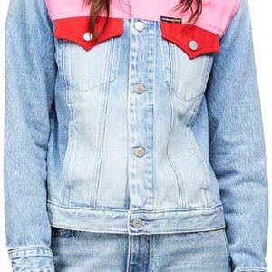 Colorblock Denim Jacket with Pink and Red Accents